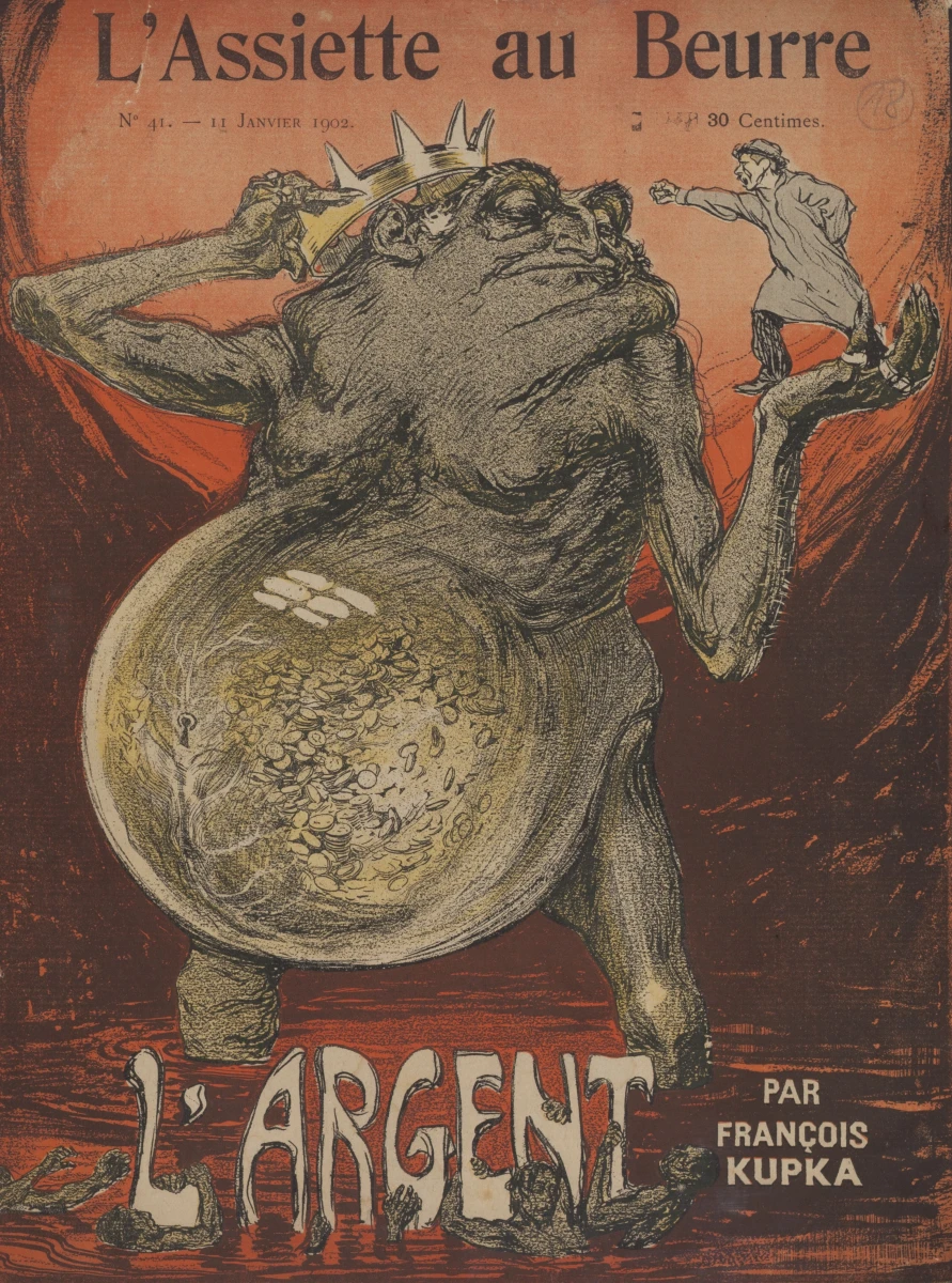 František Kupka, Peníze, obálka časopisu L´Assiette au Beurre, 1902, litografie, papír, 318 × 247 mm, Národní galerie v Praze František Kupka, Peníze, obálka časopisu L´Assiette au Beurre, 1902, litografie, papír, 318 × 247 mm, Národní galerie v Praze