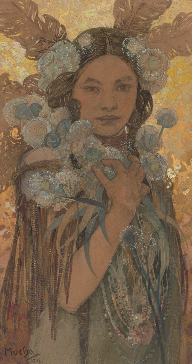 Alfons Mucha, Žena s květy a pery, 1905, Západočeská galerie v Plzni Alfons Mucha, Žena s květy a pery, 1905, Západočeská galerie v Plzni