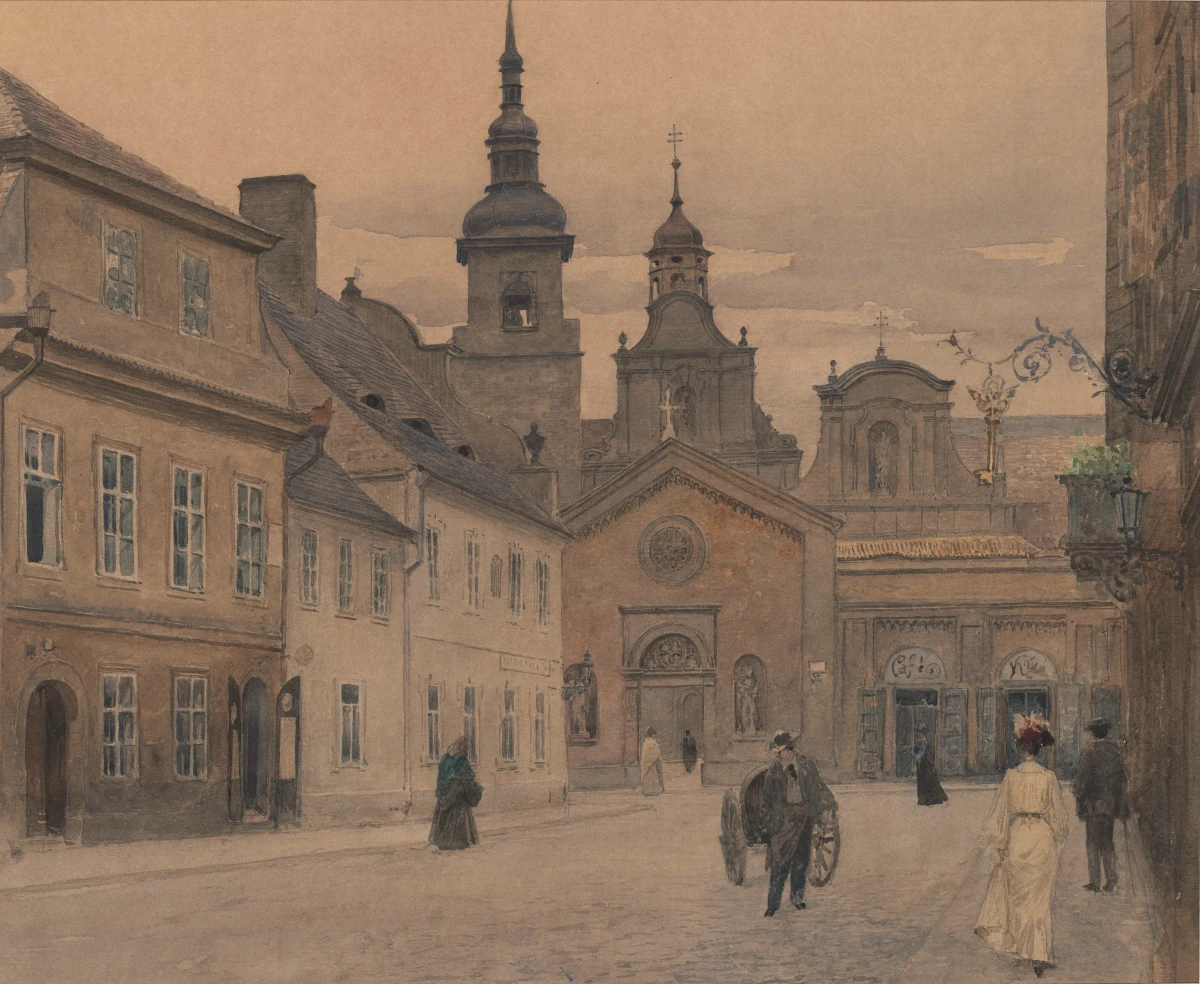 Václav Jansa, Pohled na františkánský kostel z Bezručovy ulice (z cyklu Stará Plzeň), 1905