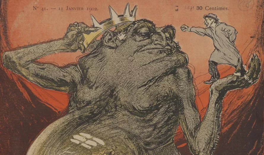 František Kupka, Peníze, obálka časopisu L´Assiette au Beurre, 1902, litografie, papír, 318 × 247 mm, Národní galerie v Praze